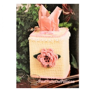 Vintage Crochet Pattern Victorian Rose Tissue Box Cover Topper PDF Instant Digital Download Lace Ribbon Flower Motif 4 Ply