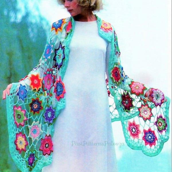 Vintage Crochet Pattern Womens Lacy Star Flower Garden Shawl Motif Design PDF Instant Digital Download Retro 70s Boho Gypsy Hippie Wear