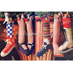 Vintage Crochet Pattern 16" Fun Novelty Christmas Stockings PDF Instant Digital Download Bare Foot Mary Janes Hi Top Sneaker Soccer Skate