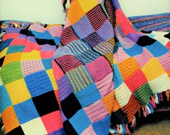 Vintage Knitting Pattern Large Patchwork Squares Sampler Afghan Blanket and Cushion PDF Instant Digital Download DK 8 Ply