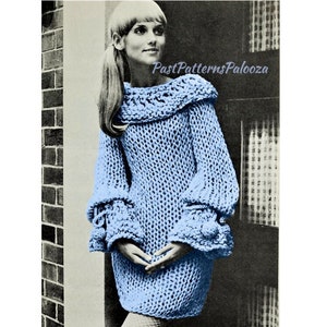 Vintage Knitting Pattern Womens Cape Collar Mini Dress Retro 1968 Boho Bell Sleeves PDF Instant Digital Download Mod Dress Big Needle Knits