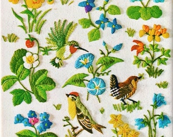 Vintage Crewel Embroidery Pattern Spring Birds Berries Plants Flower Blossoms Stitchery Motifs PDF Instant Digital Download Retro 1970s