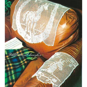 May include: Two white crocheted doilies with floral designs are placed on a brown leather couch. The doilies are made with a delicate, intricate pattern. The text "Past Pattern Palooza Co." is visible in the lower left corner of the image.