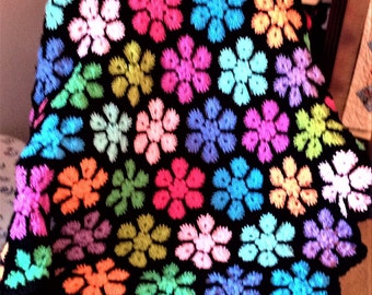 Vintage Crochet Pattern Stained Glass Flowers Afghan PDF Instant Digital Download Pretty Bright Colors Scrapghan 50x76 10 Ply
