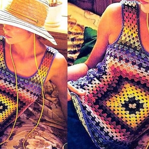 May include: A rainbow crochet top with a square pattern in the center. The top has a scoop neck and sleeveless design.