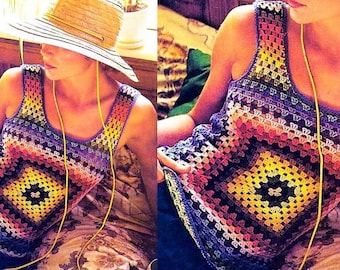 Vintage Crochet Pattern Womens Rainbow Granny Square Sleeveless Vest Tank Top PDF Instant Digital Download 1970s Cotton Thread Boho Chic