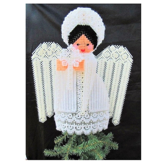 Finished Vintage Plastic Canvas Yarn Christmas Ornaments Angel tree Santa &  Mrs.