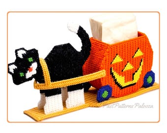 Vintage Halloween Plastic Canvas Pattern Black Cat Pumpkin Wagon Napkin Holder Centerpiece PDF Instant Digital Download Party Table Decor