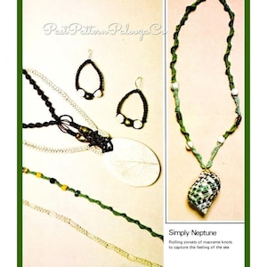 May include: A set of macrame jewelry featuring a necklace with a seashell pendant, earrings with white beads, and three additional necklaces with different bead colors and styles. The text "Simply Neptune" and "Rolling sinnets of macrame knots to capture the feeling of the sea" is included in the image.