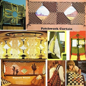 May include: A collection of macrame projects, including a curtain, a chair back, a hanging organizer, a pillow, and a bag. The projects feature various patterns and colors, including brown, beige, green, yellow, orange, and white.