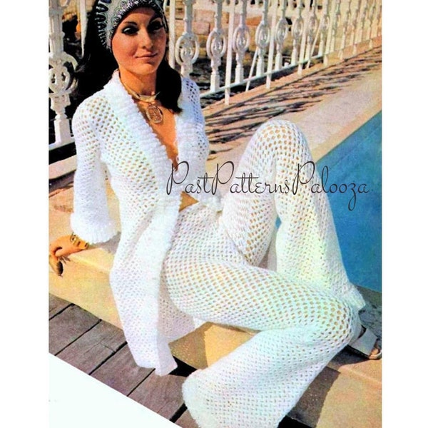 Vintage Crochet Pattern Lace Trouser Suit Patio Set Pantsuit Outfit PDF Instant Digital Download 70s Boho Maxi Jacket Flared Pants Bohemian