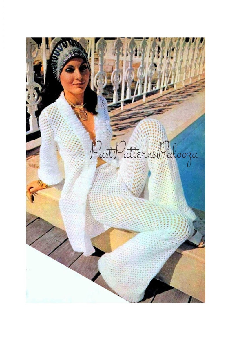 Vintage Crochet Pattern Lace Trouser Suit Patio Set Pantsuit Outfit PDF Instant Digital Download 70s Boho Maxi Jacket Flared Pants Bohemian image 1