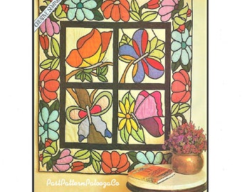 Vintage Sewing Pattern 52" Square Butterflies & Flowers Quilt Wall Hanging PDF Instant Digital Download Stained Glass Window Block Design