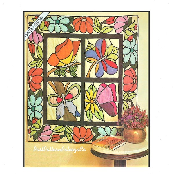 Vintage Sewing Pattern 52" Square Butterflies & Flowers Quilt Wall Hanging PDF Instant Digital Download Stained Glass Window Block Design