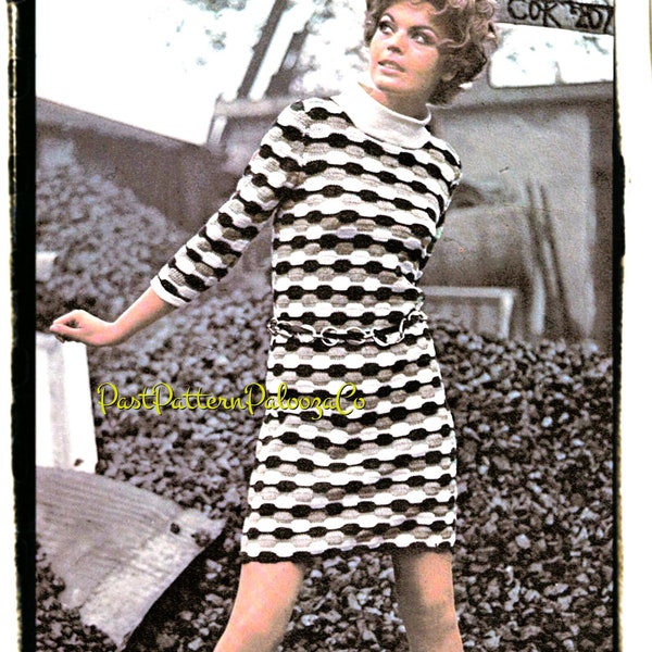 Vintage Crochet Pattern Womens Retro Staggered Blocks Mod Mini Dress PDF Instant Digital Download Groovy Sixties Boho Chic 4 Ply DK