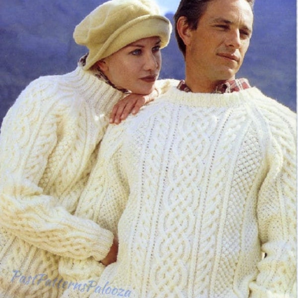 Vintage Knitting Pattern His & Hers Classic Aran Sweaters Cable Knit Pullovers PDF Instant Digital Download Womens Mens Knit Jumpers 10 Ply