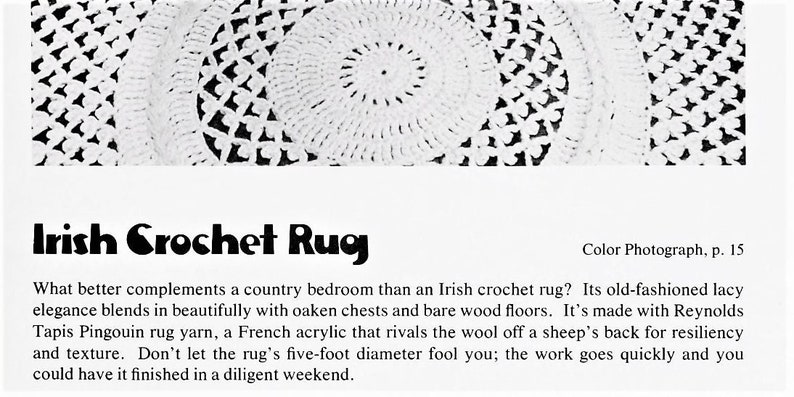 Vintage Crochet Pattern 5' Round Irish Crochet Area Rug PDF Instant Digital Download Pretty Mesh Lace & Braided Fringed Rug image 4