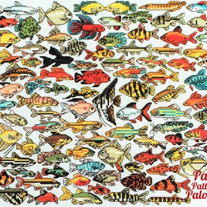 May include: A colorful cross-stitch pattern featuring a variety of fish, including angelfish, guppies, and tetras. The pattern is set against a white background and includes the text "Past Patterns Palooza".