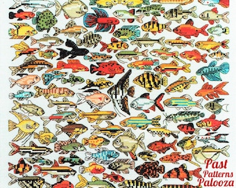 Vintage Cross Stitch Pattern Mini Aquarium Fish Motifs PDF Instant Digital Download Embroidery 90 Tropical Tank Fish Designs 1-3" A1
