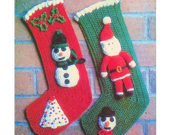 Vintage Crochet Pattern Christmas Stockings Santa and Snowman Popcorn Stitch PDF Instant Digital Download Quick Easy 10 Ply