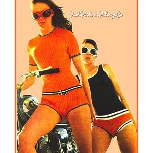 May include: Vintage-style image featuring two people in orange knit shorts and tops, one on a motorcycle. The outfits have white and black trim. One person wears large orange sunglasses, the other wears white sunglasses. The image has a retro aesthetic.