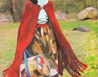 Vintage Knitting Pattern Womens Boho Garter Stitch Maxi Cape PDF Instant Digital Download Retro Fringed Shawl Cloak 10 Ply One Size