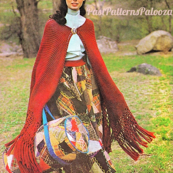 Vintage Knitting Pattern Womens Boho Garter Stitch Maxi Cape PDF Instant Digital Download Retro Fringed Shawl Cloak 10 Ply One Size