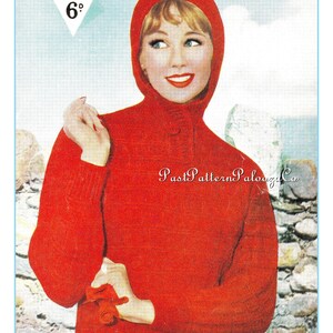 Puede incluir: Patrón de punto Bestway vintage con una mujer con un suéter con capucha rojo. El patrón es para un busto de 91 a 97 cm, talla 14 a 16. La imagen incluye el texto "3712" y "6d".