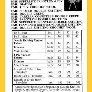 May include: A black and white diagram of a knitting needle and yarn ball with a bird on top. The diagram is surrounded by a list of yarn types and knitting instructions for a tabard, trousers, and maxi dress. The instructions include the yarn type, size, and number of balls needed for each garment. The instructions also include the length of the tabard, trousers, and maxi dress in inches.