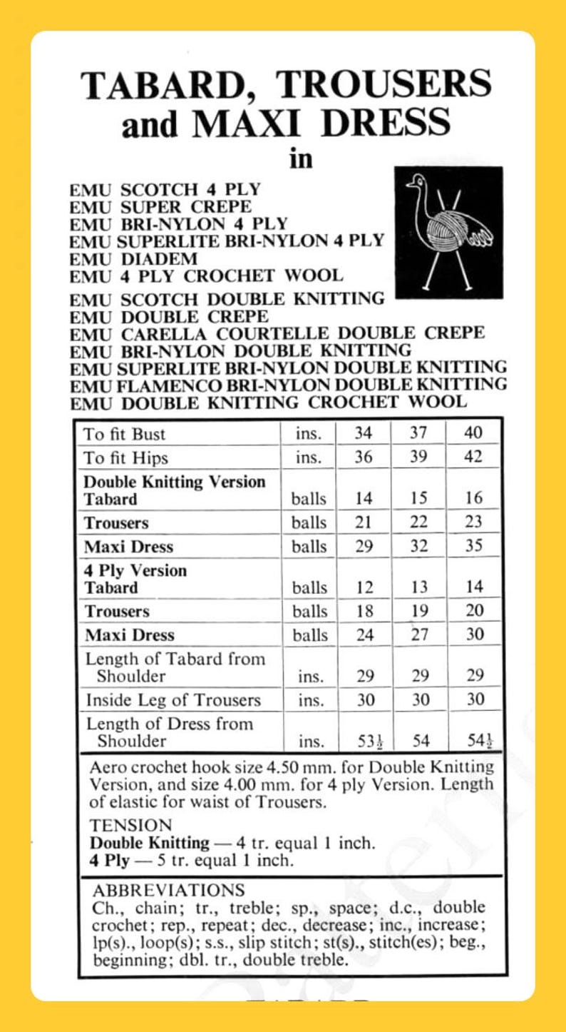 May include: A black and white diagram of a knitting needle and yarn ball with a bird on top. The diagram is surrounded by a list of yarn types and knitting instructions for a tabard, trousers, and maxi dress. The instructions include the yarn type, size, and number of balls needed for each garment. The instructions also include the length of the tabard, trousers, and maxi dress in inches.