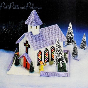 Puede incluir: Una iglesia de lona plástica morada y blanca con vidrieras y una cruz en la fachada. La iglesia está rodeada de pequeños árboles cubiertos de nieve y una valla morada. El texto "Past Patterns Palooza" es visible en la esquina superior izquierda de la imagen.