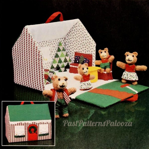Vintage Crochet & Sewing Pattern Teddy Bear Family Christmas House Furniture Play Set PDF Instant Digital Download Travel Storage Carry Toy
