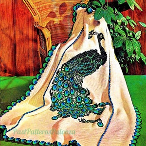 Vintage Crochet Pattern Beautiful Peacock Afghan Blanket PDF Instant Digital Download Embroidered Tunisian Stitch 50x70 4 Ply