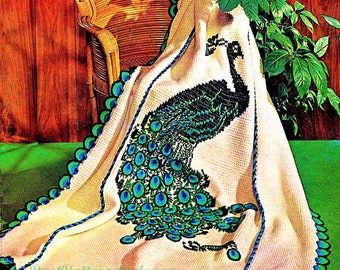 Vintage Crochet Pattern Beautiful Peacock Afghan Blanket PDF Instant Digital Download Embroidered Tunisian Stitch 50x70 4 Ply