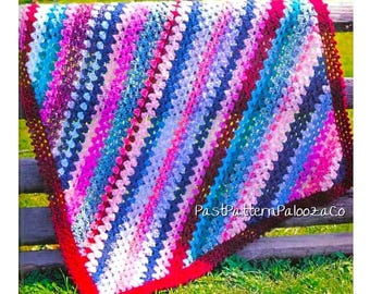 Vintage Crochet Pattern Bold Diagonal Stripes Afghan Blanket PDF Instant Digital Download Retro Rainbow Scrapghan Throw Picot Edge 10 Ply