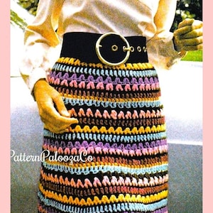 May include: A colorful crochet skirt with a black belt and a gold buckle. The skirt has stripes of pink, purple, blue, yellow, and brown.