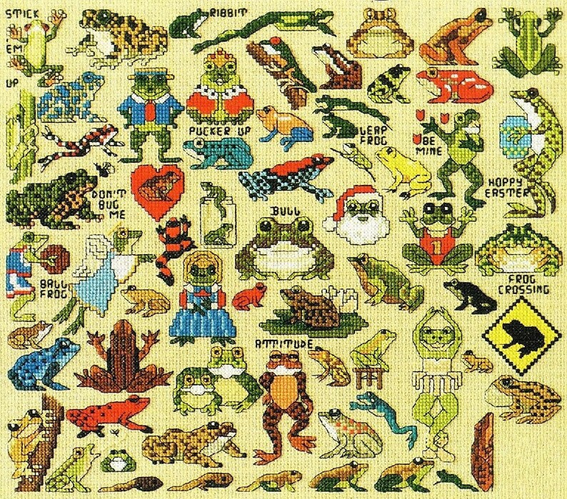 Vintage Cross Stitch Patterns Cute Mini Frog Motifs PDF Instant Digital Download Embroidery Kitsch Quirky Froggy Love Designs A1 image 2