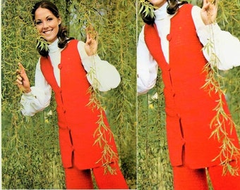 Vintage Crochet Pattern Womens Chic Trouser Suit Pantsuit Outfit PDF Instant Digital Download Sleeveless Maxi Vest Waistcoat Pant Suit 4 Ply