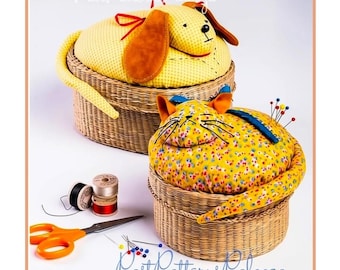 Vintage Sewing Pattern 6" Gingham Dog and Calico Cat Fabric Sewing Baskets PDF Instant Digital Download Puppy Kitty Sewing Notions Holders