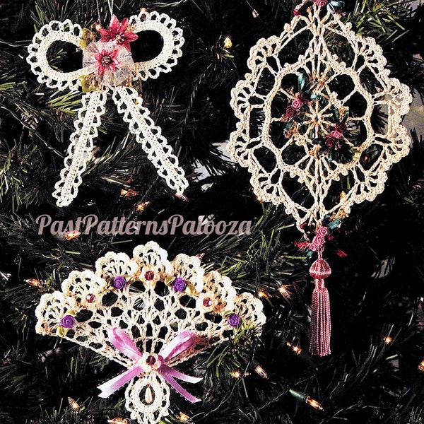 Vintage Crochet Thread Pattern 3 Beautiful Victorian Keepsake Lace Christmas Tree Ornaments Bow Fan Suncatcher PDF Instant Digital Download