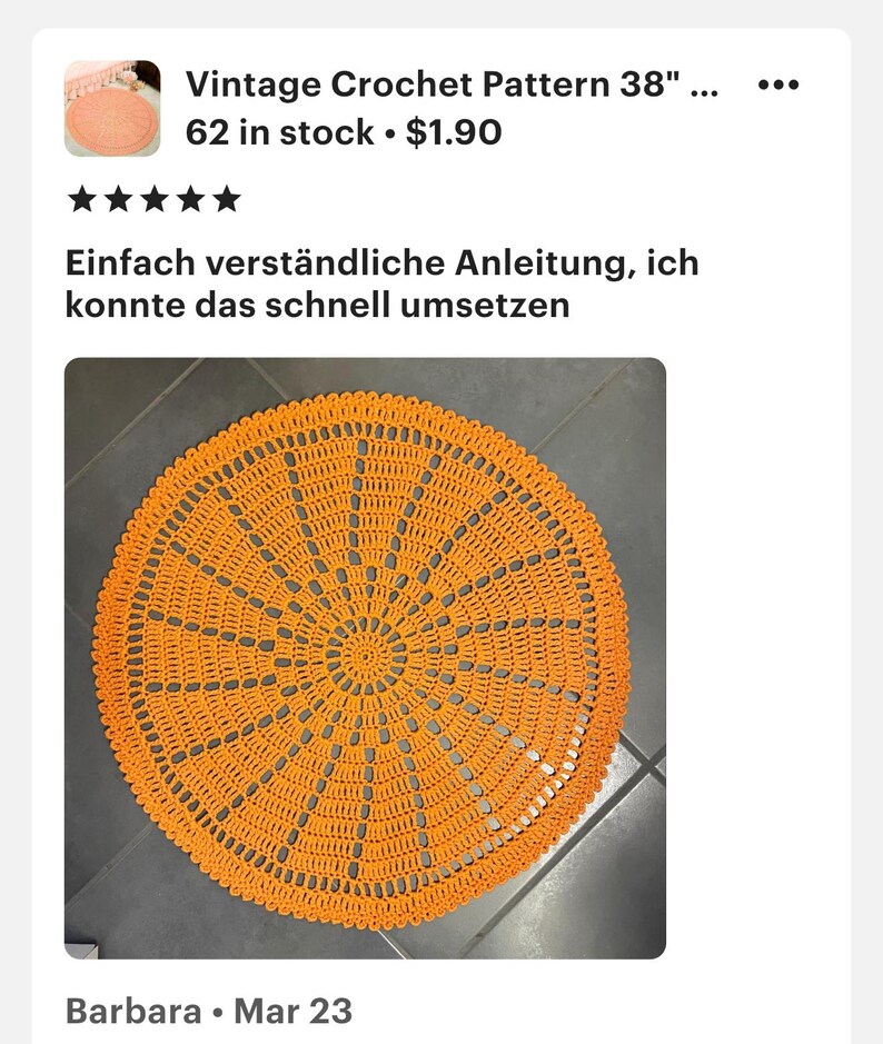 May include: An orange, circular crochet pattern, approximately 38 inches in diameter, with a detailed, openwork design. The pattern features a central circle with radiating lines and decorative edging. The text "Vintage Crochet Pattern" is visible.