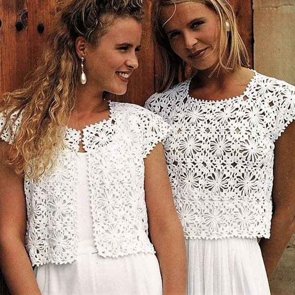 Motif vintage au crochet pour femmes, hauts d'été en dentelle, haut à motif carré grand-mère et veste sans manches courtes au format PDF, téléchargement numérique instantané, 4 épaisseurs