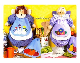 Vintage Sewing Pattern Angel Kitchen Bag Holders Catchers with Seasonal Aprons PDF Instant Digital Download Fabric Plastic Bag Organizers