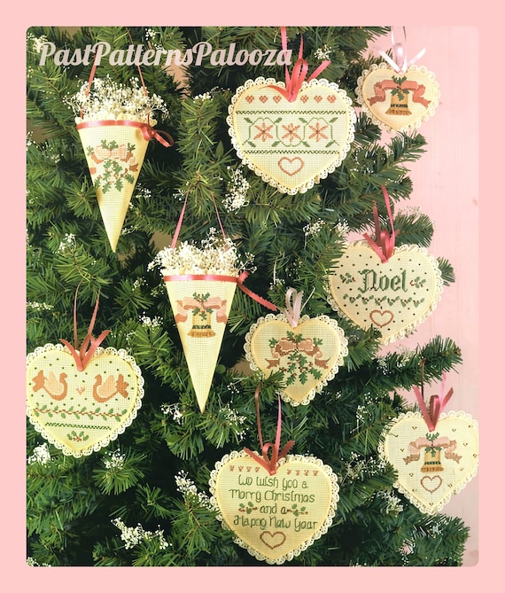 Vintage Cross Stitch Pattern Beaded Victorian Christmas Tree Ornaments PDF Instant Digital Download Perforated Paper Craft Hearts Cornucopia