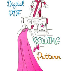 K&ouml;nnte beinhalten: Eine digitale PDF-Schnittmuster-Illustration mit einer Person in einem rosa Hut und Outfit, die an einer N&auml;hmaschine arbeitet, von der ein langes St&uuml;ck leuchtend rosa Stoff herabh&auml;ngt. Der Text lautet: This is a Retro Vintage Digital PDF SEWING Pattern PastPatternPaloozaCo.