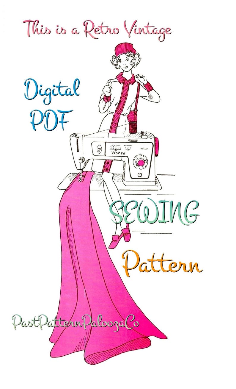 K&ouml;nnte beinhalten: Eine digitale PDF-Schnittmuster-Illustration mit einer Person in einem rosa Hut und Outfit, die an einer N&auml;hmaschine arbeitet, von der ein langes St&uuml;ck leuchtend rosa Stoff herabh&auml;ngt. Der Text lautet: This is a Retro Vintage Digital PDF SEWING Pattern PastPatternPaloozaCo.