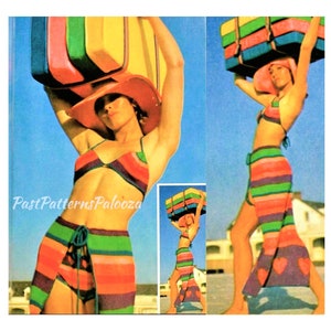 May include: A crochet bikini top and matching skirt with a rainbow stripe pattern. The skirt has a wrap design and a tie at the waist. The model is wearing a large, wide-brimmed hat.