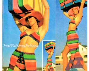 Vintage Knitting Pattern Retro Hearts and Stripes Rainbow Bikini & Beach Maxi Skirt PDF Instant Digital Download 1970s Boho Swimsuit 10 Ply
