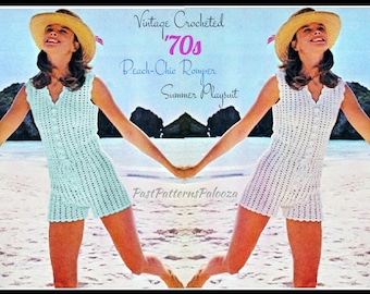 Vintage Crochet Pattern Womens Lacy 70s Beach Romper Short Playsuit Summer Jumpsuit PDF Instant Digital Download Bohemian Boho Hippie Chic