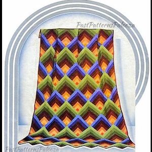May include: A vintage crochet pattern for a colorful diamond-shaped blanket. The pattern features a repeating geometric design in shades of orange, green, blue, and brown.